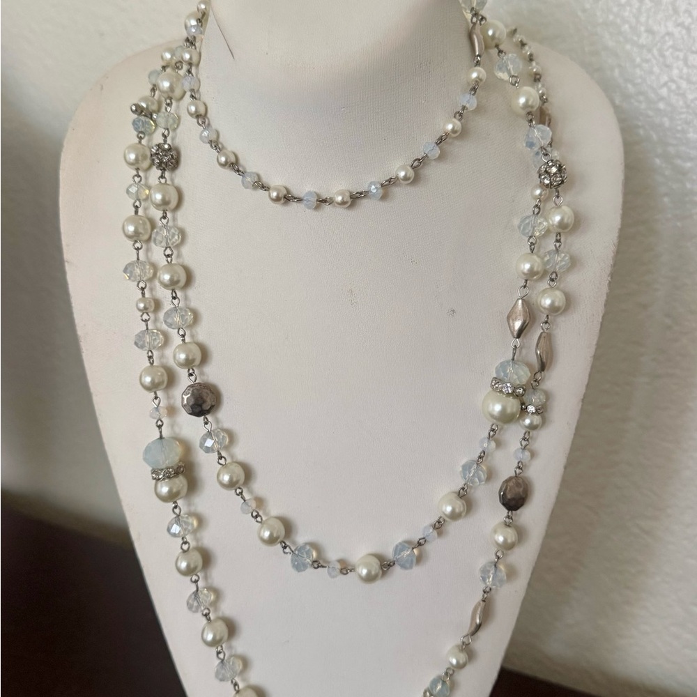 Elegant Blue Crystal & Pearl Layered Necklace